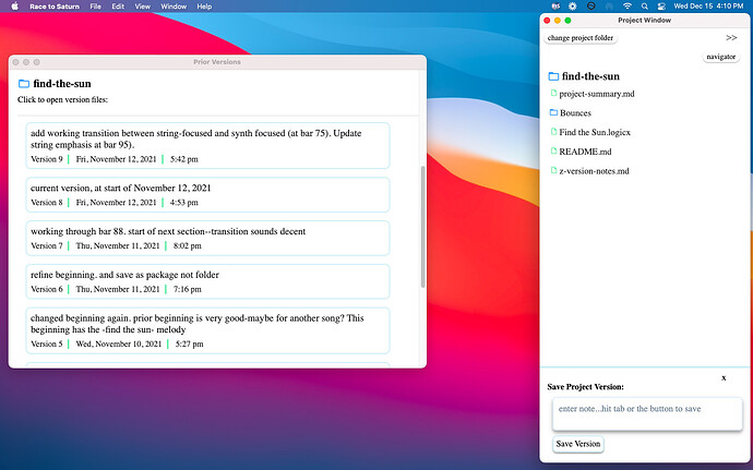Version Saver Screen Shot, December 2021
